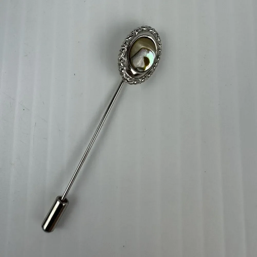Vintage Abalone Shell Stick Pin Silver Tone Oval Lapel Hat Pin Classic
